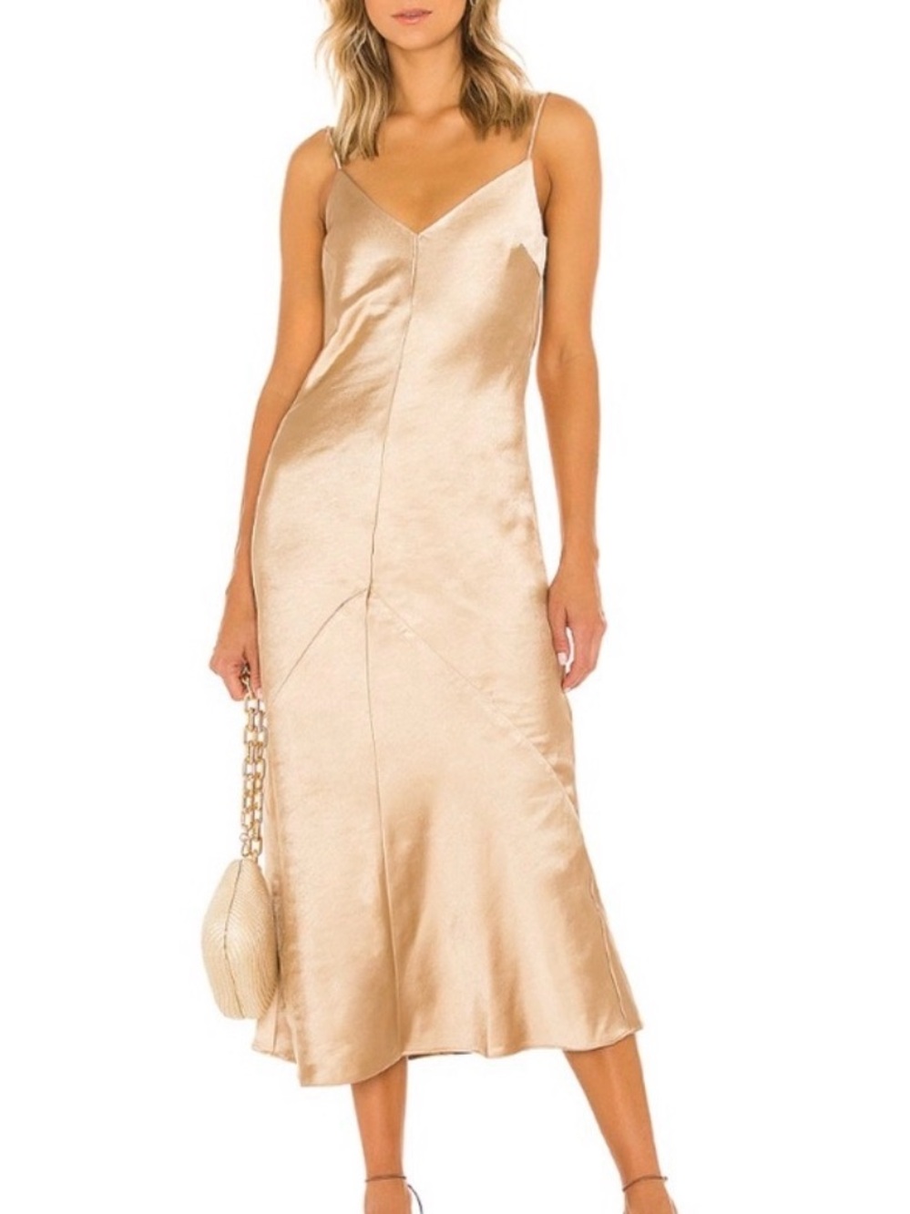 Line & Dot Champagne Satin Slip Midi Dress